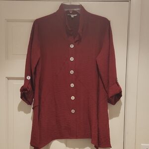 John Mark Burgundy Button-Front Tunic Blouse Wired Collar Woman's Size S